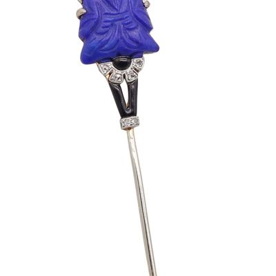 LACLOCHE 1920 Paris Art Deco Enameled Jabot Platinum Diamonds & Lapis Buddha