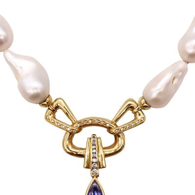 Italian Modern Necklace In 18Kt Yellow Gold With Baroque Pearls And 5.60 Cts In Diamonds And