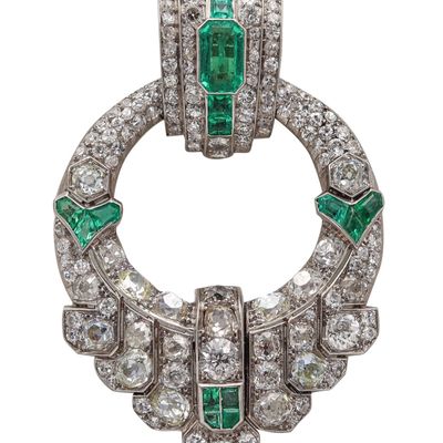 OSTERTAG Paris 1930 Art Deco Pendant Brooch Platinum 20.24 Ctw Diamonds & Emeralds