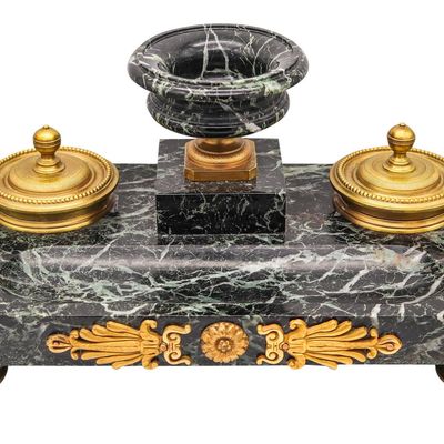 NAPOLEON III Antique 1870 French Desk Tray Set In Gray Marble And Gilt Ormolu