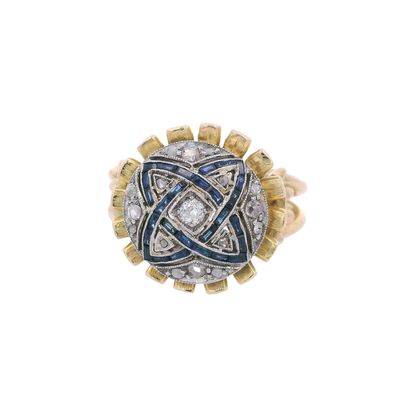Art Deco Retro 18K Yellow Gold & Platinum Ring with Blue Sapphire & Diamond