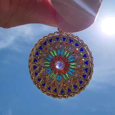 Antique French 18K Yellow Gold Pendant with Plique a Jour Enamel & Amethyst