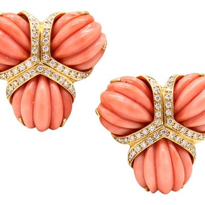 VALENTIN MAGRO Clips On Earrings In 18Kt Gold Fluted Corals & VS Diamonds