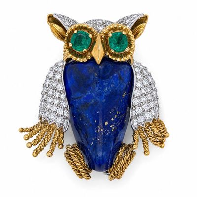 French 18K Yellow Gold Owl Brooch with Lapis Lazuli, Emerald & Diamond