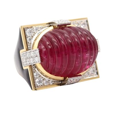 DAVID WEBB Black Enameled Cocktail Ring In 18Kt Gold With Rubellite & Diamonds