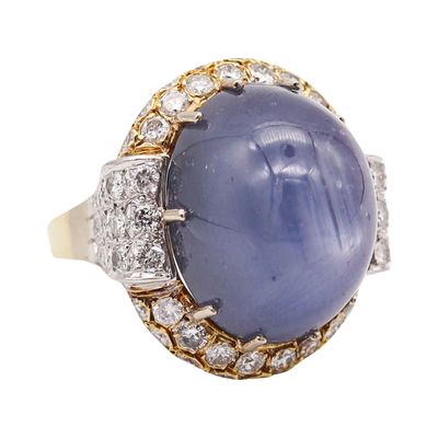 GIA CERTIFIED Huge Cocktail Ring 18Kt Gold With 54.31 Ctw Star Sapphire & Diamonds