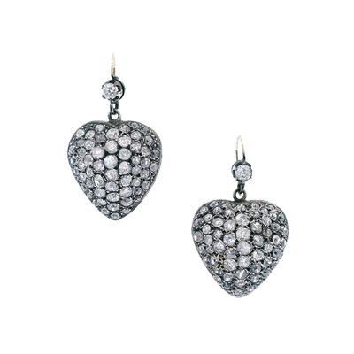 Antique 18K Yellow Gold & Silver Heart Drop Earrings with 10.35 CTW in Diamond