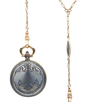 TIFFANY & CO. 1915 Edwardian Guilloche Enameled Clock Necklace In 18Kt Yellow Gold