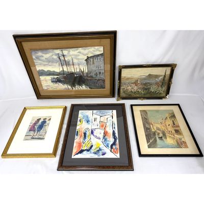 Lot of 4 Signed Watercolor Paintings & 1 Unsigned