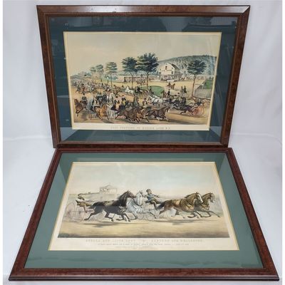2 19thc. Antique Lithographs Horse Racing Scenes