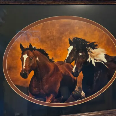 Nicely framed horses running artwork - frame has Conchos Beautiful heavy piece!