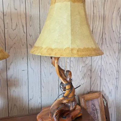 Handcrafted rustic table lamp features an organic twisted juniper wood base (2 of 2)