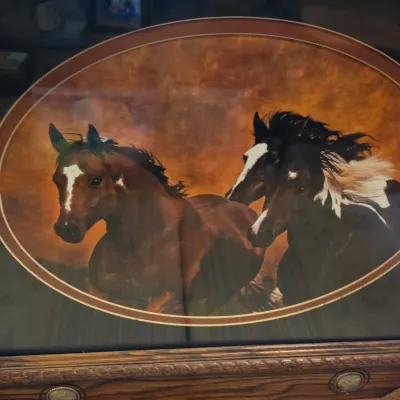 Nicely framed horses running artwork - frame has Conchos Beautiful heavy piece!