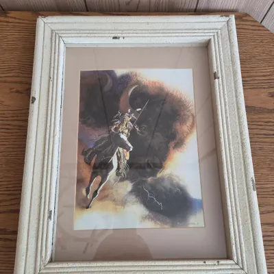 Framed "Runs with Thunder" print by Bev Doolittle with a vntage-style Betsy Ross 13-star American flag on the backside