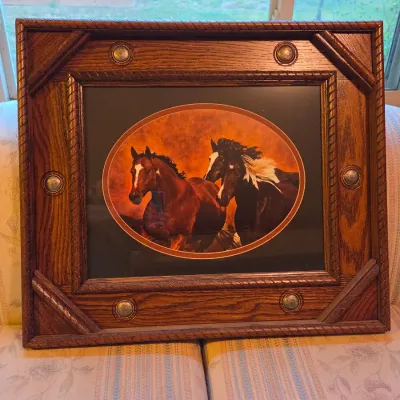Nicely framed horses running artwork - frame has Conchos Beautiful heavy piece!
