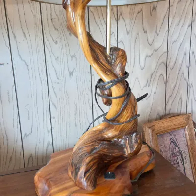 Handcrafted rustic table lamp features an organic twisted juniper wood base (2 of 2)