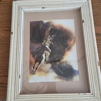 Framed "Runs with Thunder" print by Bev Doolittle with a vntage-style Betsy Ross 13-star American flag on the backside