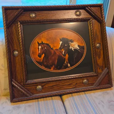 Nicely framed horses running artwork - frame has Conchos Beautiful heavy piece!