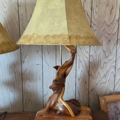 Handcrafted rustic table lamp features an organic twisted juniper wood base (2 of 2)