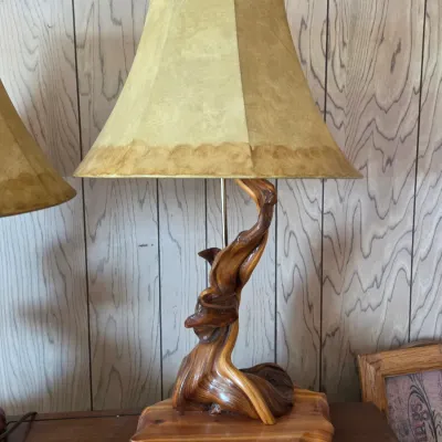 Handcrafted rustic table lamp features an organic twisted juniper wood base (2 of 2)