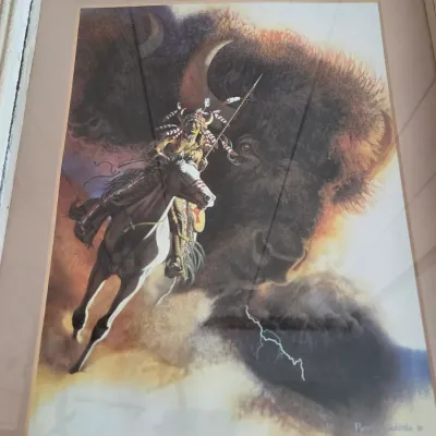 Framed "Runs with Thunder" print by Bev Doolittle with a vntage-style Betsy Ross 13-star American flag on the backside
