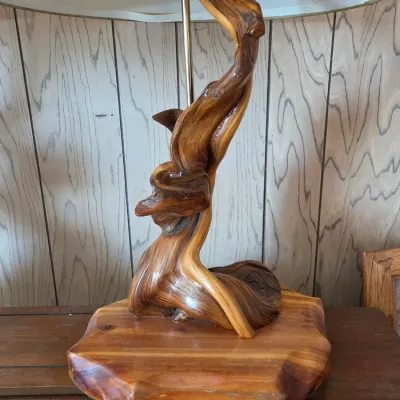 Handcrafted rustic table lamp features an organic twisted juniper wood base (2 of 2)