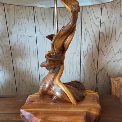 Handcrafted rustic table lamp features an organic twisted juniper wood base (2 of 2)