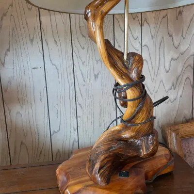 Handcrafted rustic table lamp features an organic twisted juniper wood base (2 of 2)