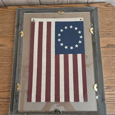 Framed "Runs with Thunder" print by Bev Doolittle with a vntage-style Betsy Ross 13-star American flag on the backside