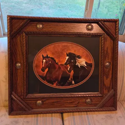 Nicely framed horses running artwork - frame has Conchos Beautiful heavy piece!