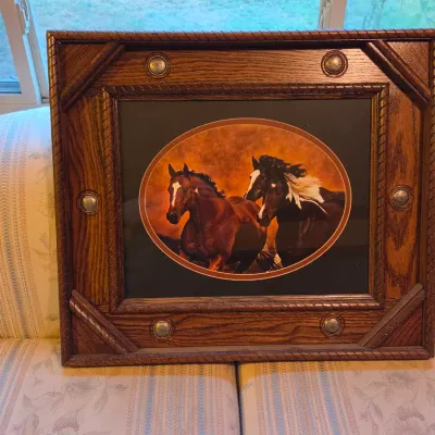 Nicely framed horses running artwork - frame has Conchos Beautiful heavy piece!