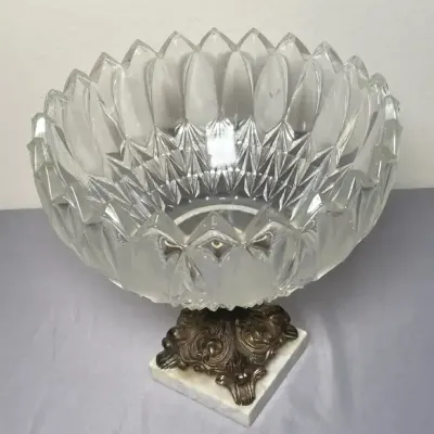 Large Cut-Glass Pedestal Bowl with Ornate Metal & Marble Base
