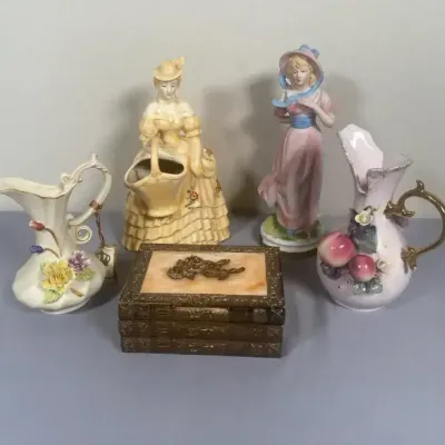 Lefton China & Arnart Vases, Two Japan Lady Figures & Metal Book Jewelry Box