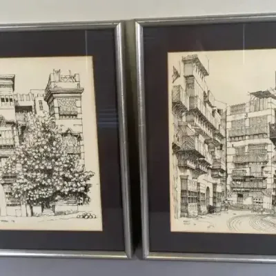 Pair of Signed Jeddah Architectural Ink Drawings – Framed