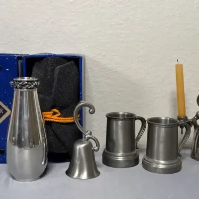 Pewter Vase (Royal Selangor), Tankards, Bell & Candlestick Collection – 5 Pieces
