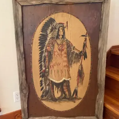 Large Rustic Wood-Framed Native American Warrior Wall Art