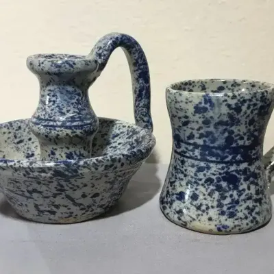 Jerry Brown Pottery Blue Speckled Ewer wtih Basin & Mug – Artist Signed 2009