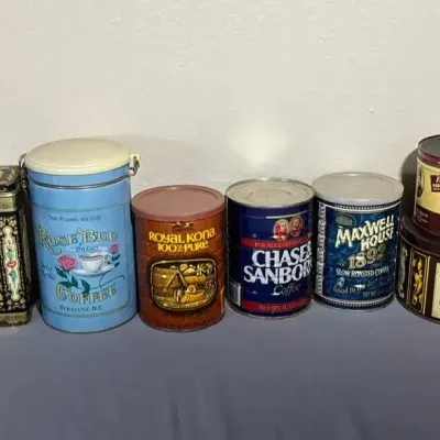 Coffee & Tea Advertising Tin Collection: Old Reliable, Rosebud, Maxwell House, Royal Kona & More 