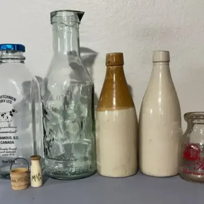 Vintage Dairy Bottle Collection with Wooden Miniatures – 7 Pieces