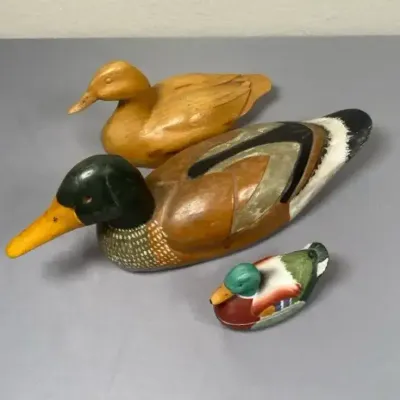 Two Carved Wood Ducks & Small Ceramic Duck Collection – 3 Pieces
