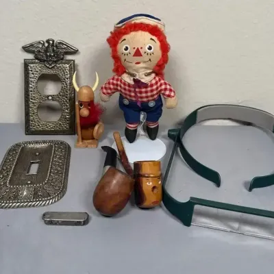 Mixed Vintage Curio Lot with Pipes, Raggedy Andy Doll & Metal Hardware