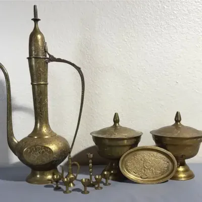 Ornate Bronze-Tone Engraved Middle Eastern-Style Ewer, Bowls, and Miniature Serving Set