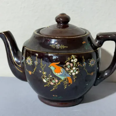 Made in Occupied Japan Brown-Glaze Bird & Floral Teapot