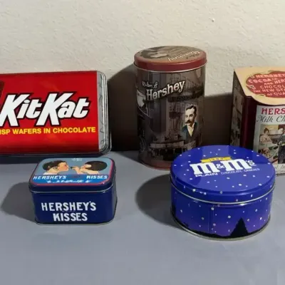 Hershey, KitKat & M&M’s Advertising Candy Tin Collection – 5 Pieces