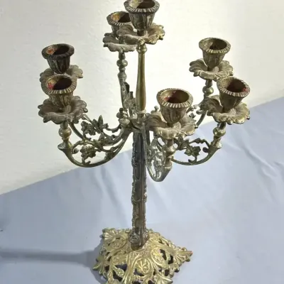 Ornate Gold-Tone Metal Nine-Light Candelabra