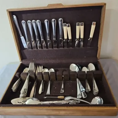 Mixed Silver Plated & Sterling Flatware, Serving Pieces, Napkin Rings & Storage Chest