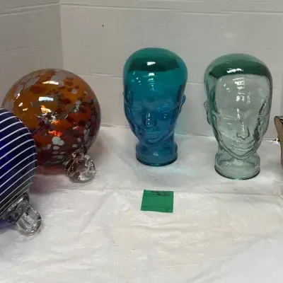 Vintage Glass Mannequin Heads, Glass Buddha Head, And Large Blown Glass Ornaments/ Spheres