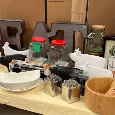 Farm Animal Decor, Glass Canisters, Vintage IKEA Candle Holders, And Decor