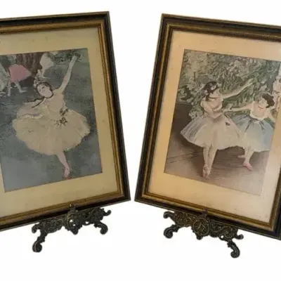 Vintage Framed Ballerina Art Print Pair And Ornate Stands 