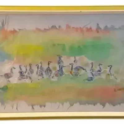 Vintage Hand-Painted Silk Abstract Vessel Artwork Framed